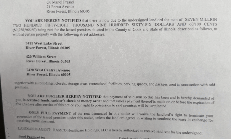 Eviction notice posted at West Suburban’s River Forest campus