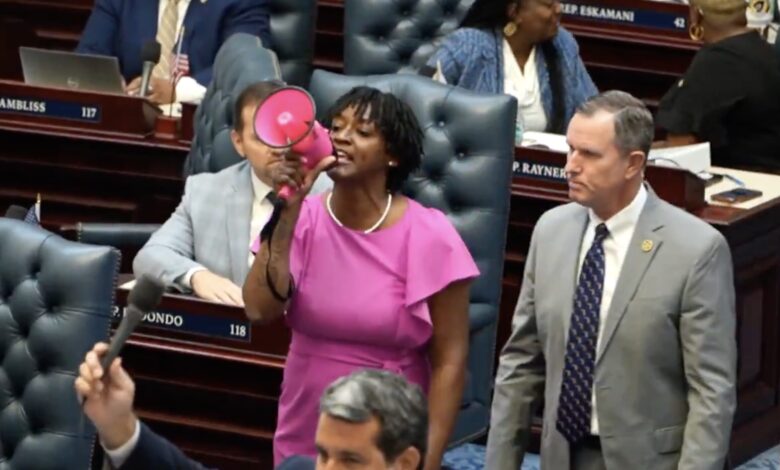Florida Democrats Protest DeSantis Map Vote With Bullhorn