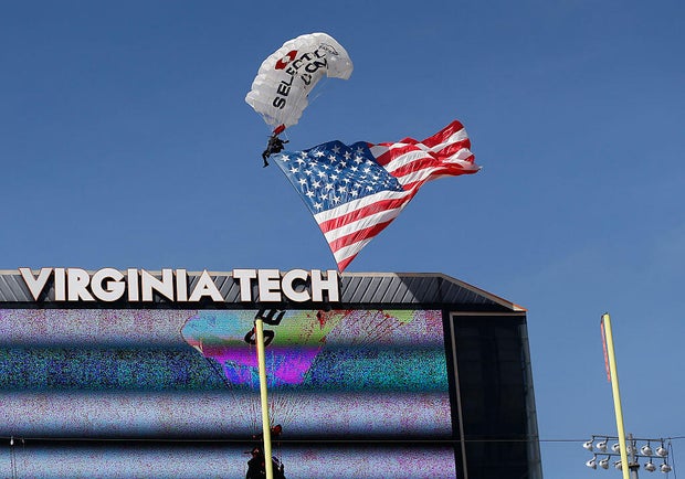 Skydiver rescued after crash into Virginia Tech scoreboard delays spring football game
