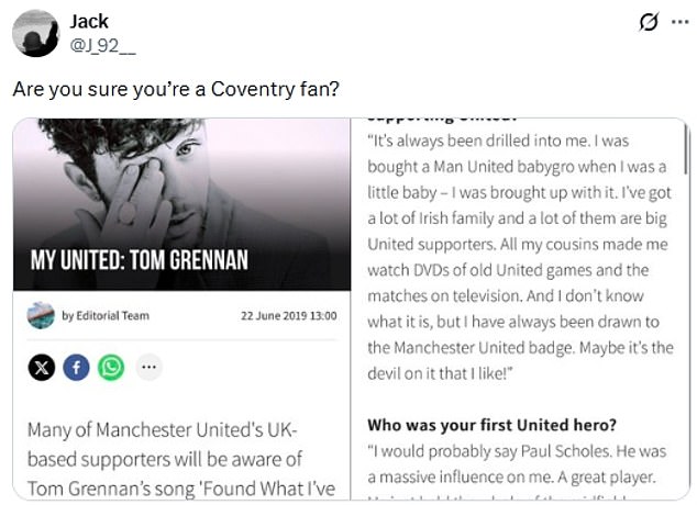 'My grandma is from Cov': Tom Grennan called out for glory-hunting after celebrating Coventry City's promotion... despite claiming to be a Man United and Luton fan