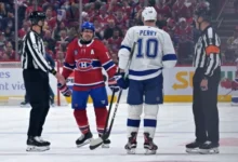 Strange scene on Tampa bench as Corey Perry stumbles mid-rant