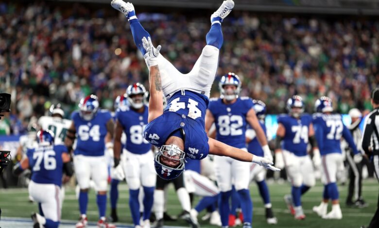 Skattebo backflips return seven months after dislocated ankle Skattebo backflips return seven months after dislocated ankle