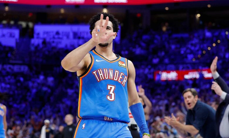Thunder's Shai Gilgeous-Alexander, Jalen Williams have perfect reaction to Jared McCain's pull-up 3