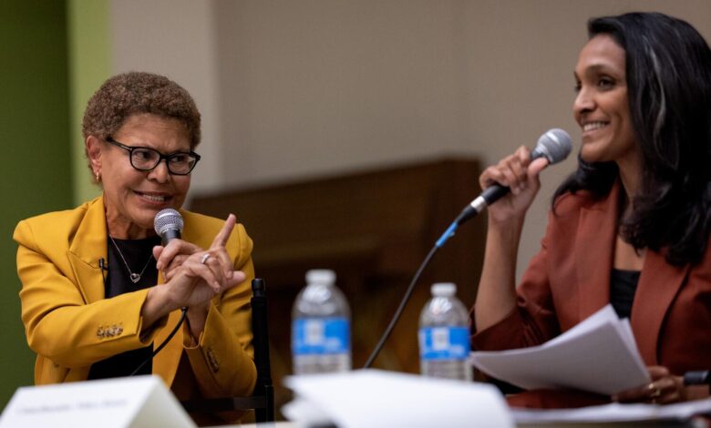 Mayor Karen Bass and challenger Nithya Raman tussle in first head-to-head debate