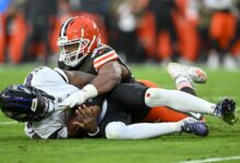 Lamar Jackson says “Yes!” as Garrett exits AFC North
