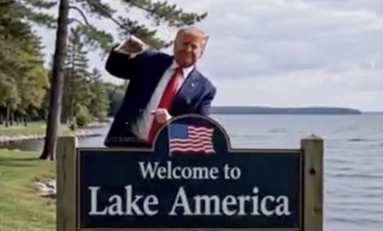 Trump Kicks Down Lake Ontario Sign and Does YMCA Dance in Wild AI Video Ratcheting Up Feud With Canada