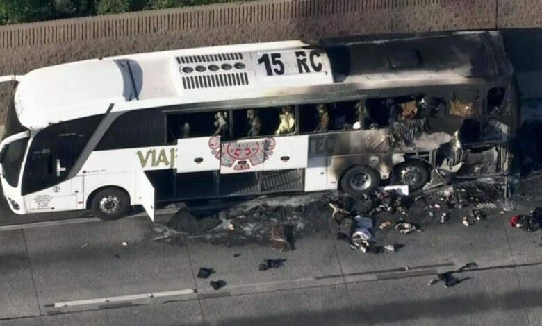 One killed when tour bus catches on fire on L.A. freeway