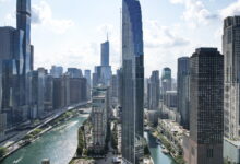 One down, one to go: Exterior construction wraps up at the first of two towers at 400 N. Lake Shore